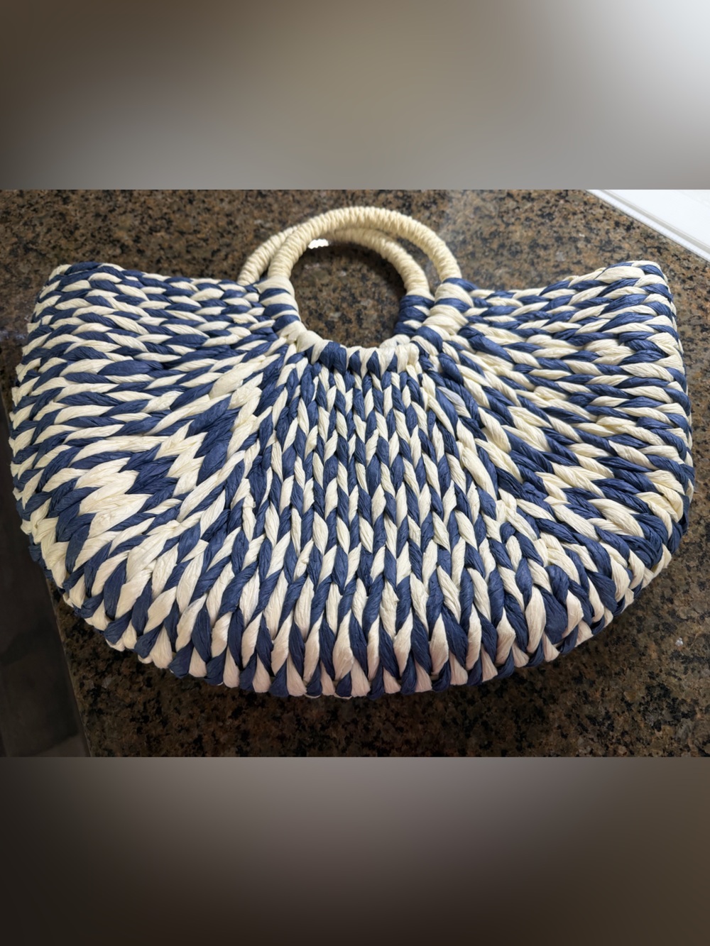 Woven Blue and Cream Rope Tote Bag